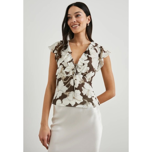 Rails Carmine Mocha Floral Ruffle Short Sleeve Blouse Top Small